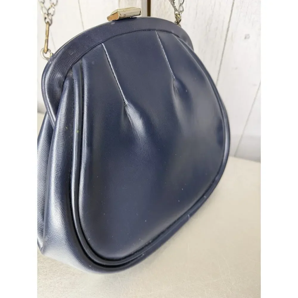 Vintage 1960s Navy Purse Bag Snap Frame Faux Leather Hollywood Glam